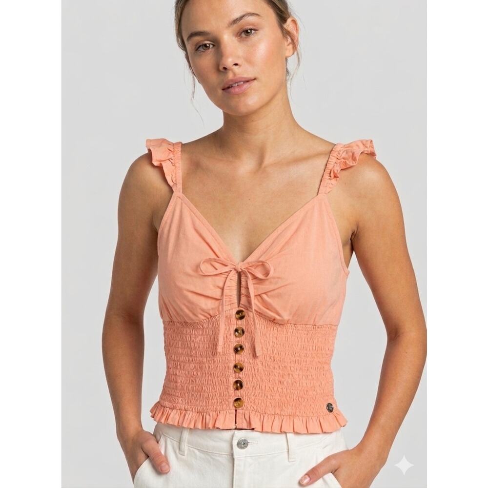 Roxy Peach Ruffle Smocked Button-Front Camisole